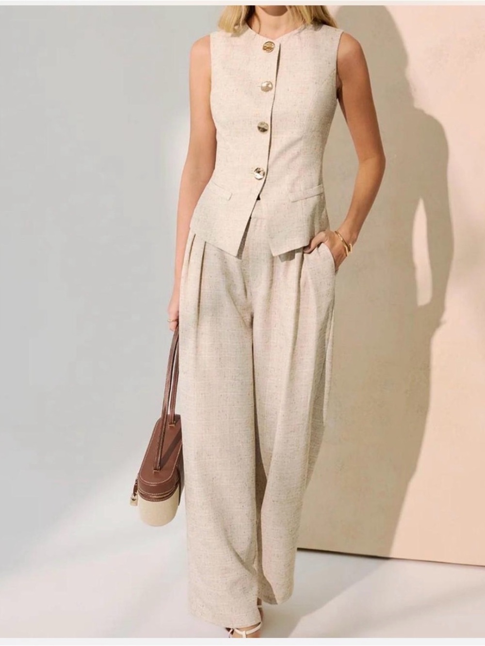Commense Metal Button Vest & Wide - Leg pants set with tailored Fit